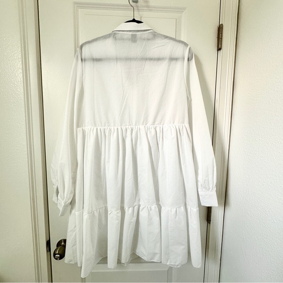 Women's Preppy White Ruffle Dress with Long Sleeves and Collar - Large - Picture 2 of 3